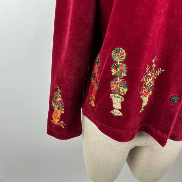Susan Bristol Red Velour Ugly Christmas Sweater Cardigan Holiday Plants Trees - Picture 7 of 16